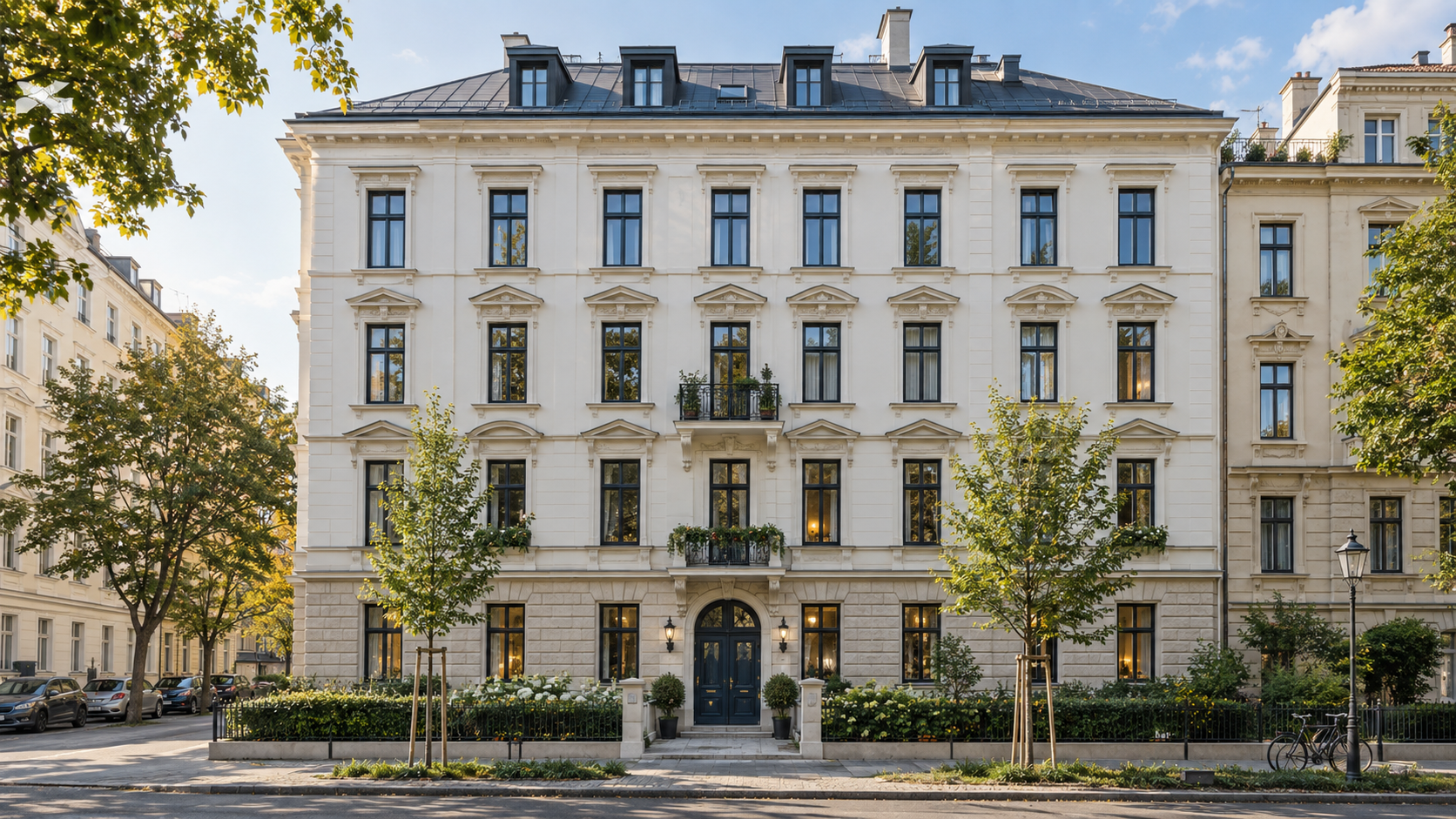 Gepflegtes städtisches Mehrparteienhaus mit begrünter Straßenfront