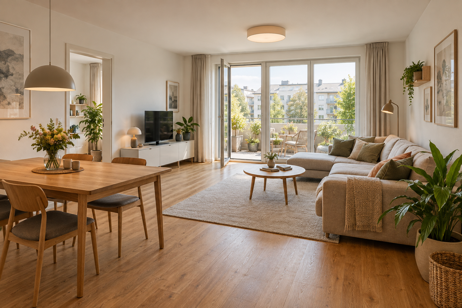 Helle Stadtwohnung mit Wohnbereich, Essplatz und bepflanztem Balkon